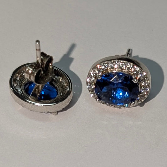 Sterling Sliver Blue Sapphire Button Earrings Silvia