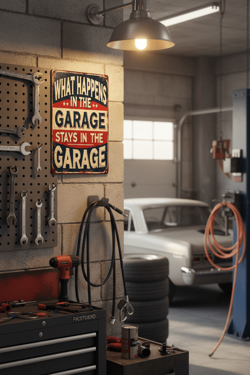 What Happens in the Garage Metal Tin Sign - The Bookstore