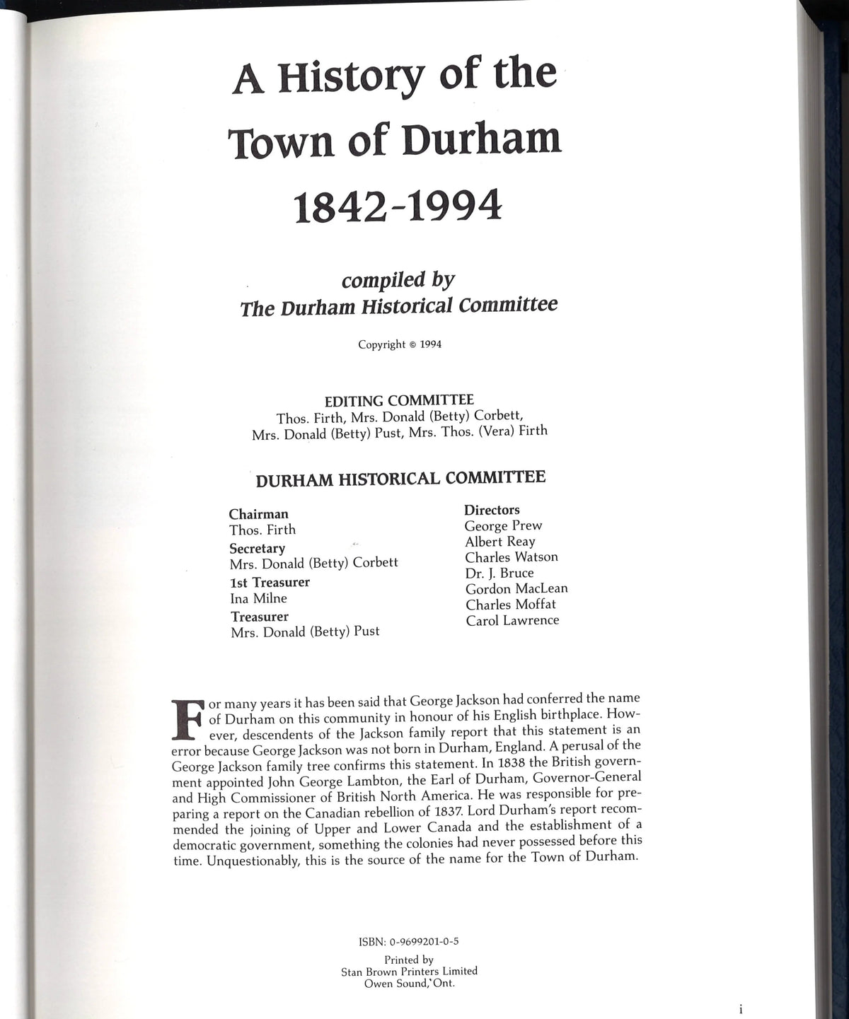 A History of The Town of Durham 1842 - 1994 - The Bookstore