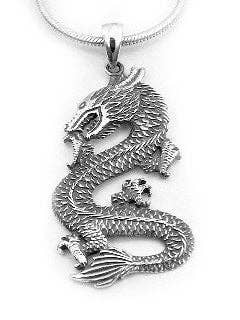 Medieval Sterling Silver Dragon Necklace - 18" Omega Chain Silver Insanity