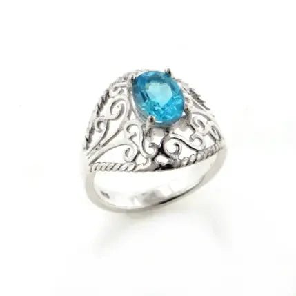 Open Lace Filigree Dome and Blue Topaz Silver Ring - Size 8 My Store