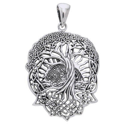 Rising Sun Celtic Knot Tree of Life Sterling Silver Necklace - 18" Omega Chain Silver Insanity