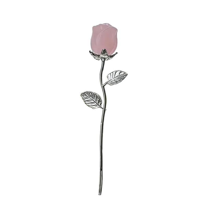 Single Rose - Rose Quartz Natural Stone Flower with Silvery Leaves - The Bookstore