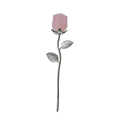 Single Rose - Rose Quartz Natural Stone Flower with Silvery Leaves - The Bookstore