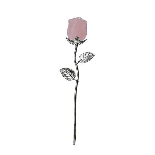 Single Rose - Rose Quartz Natural Stone Flower with Silvery Leaves - The Bookstore