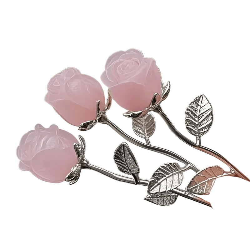 Single Rose - Rose Quartz Natural Stone Flower with Silvery Leaves - The Bookstore