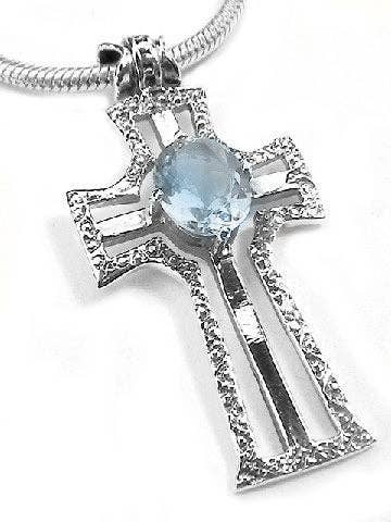 Sterling Silver Blue Topaz Cross Slide Necklace - 18" Omega Chain Silver Insanity