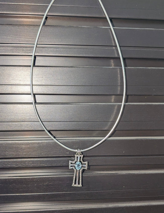 Sterling Silver Blue Topaz Cross Slide Necklace - 18" Omega Chain Silver Insanity