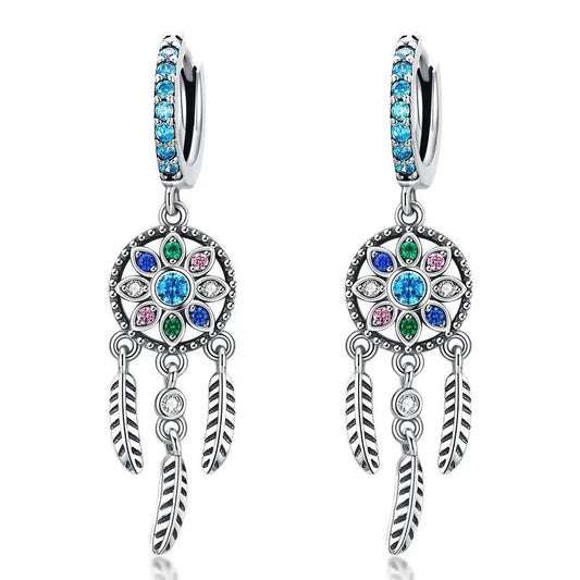 Sterling Silver Bohemia Dreamcatcher Earrings Aurora Silver Jewelry