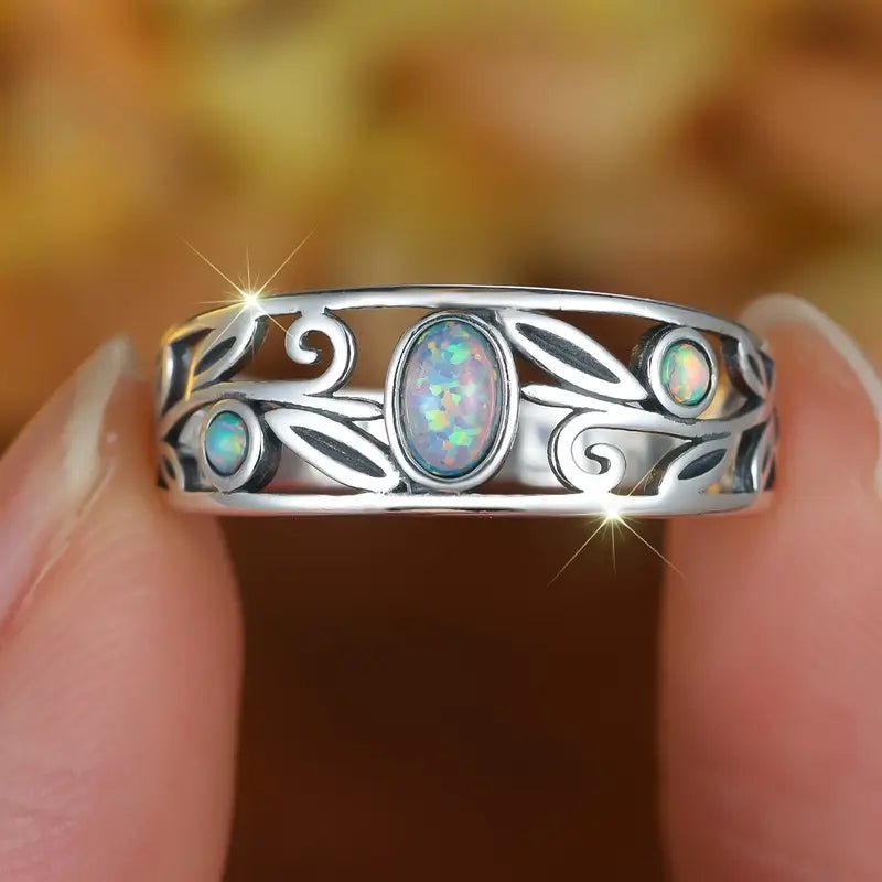 Sterling Silver Boho-Style Opal Ring -  Size 10 LIUGUO Jewelry