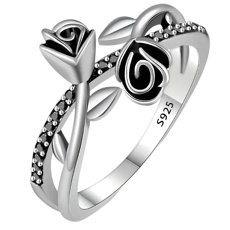 Sterling Silver Double Black Rose Ring - Size 8 Dinifan Jewelrys
