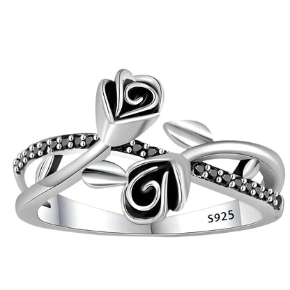 Sterling Silver Double Black Rose Ring - Size 8 Dinifan Jewelrys