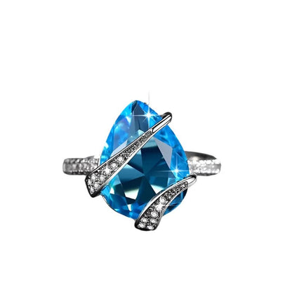 Sterling Silver Teardrop Ring – Blue Zirconia Sparkle - Adjustable KTK Jewelry