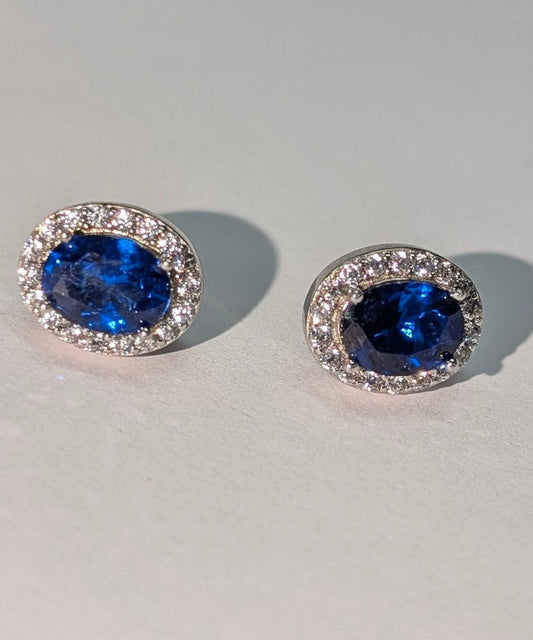 Sterling Sliver Blue Sapphire Button Earrings Silvia