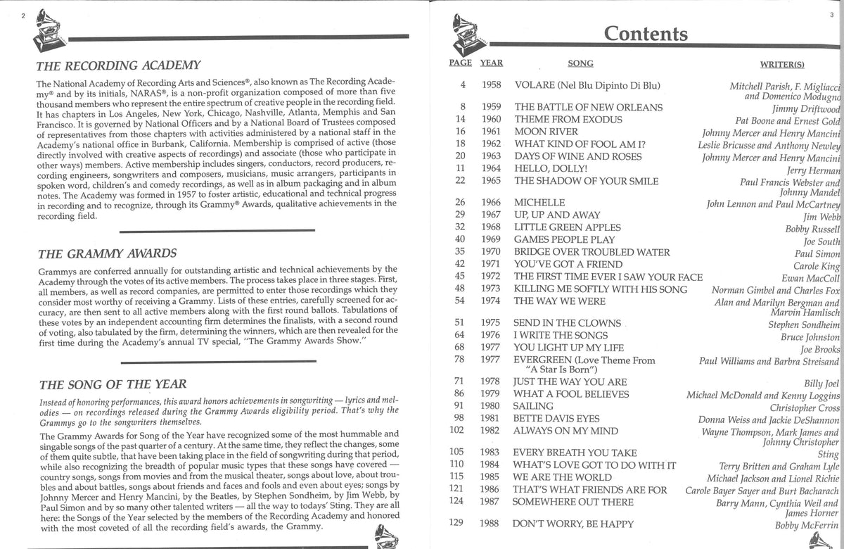 The New Grammy® Awards Song of The Year (1958-1988) The National Academy of Recording Arts and Sciences