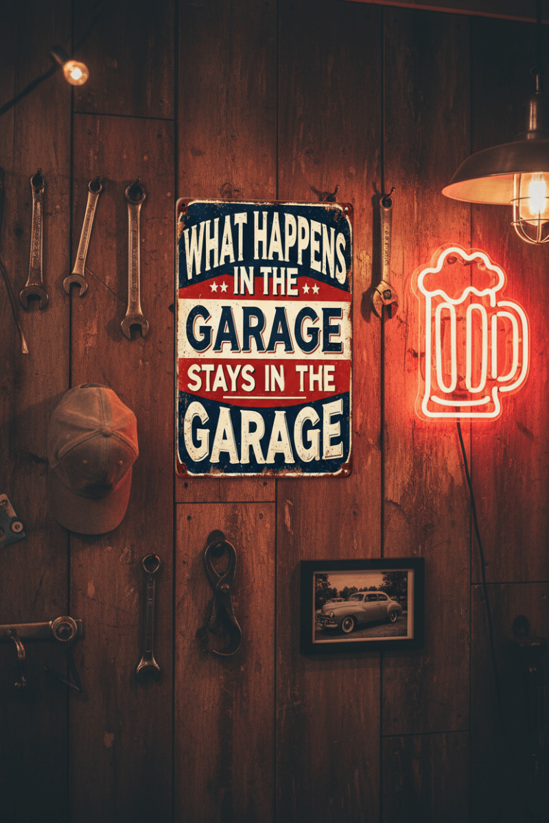 What Happens in the Garage Metal Tin Sign - The Bookstore