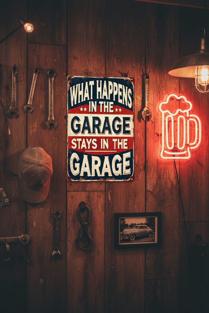 What Happens in the Garage Metal Tin Sign - The Bookstore